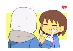  1boy 1other 2018 2d ambiguous_gender blue_jacket blue_sweater bone border broken_heart brown_hair child cropped_torso digital_media double_horizontal_stripe duo frisk_(undertale) grey_hood heart highres holding holding_bone holding_knife holding_weapon hood hood_down hooded_jacket horizontal-striped_clothes human humanoid jacket knife long_sleeves male monster monster_boy pink_stripes red_soul_(utdr) sans_(undertale) satokichi shirt short_hair simple_background skeleton soul_(utdr) striped_clothes striped_sweater sweat sweater tears teeth two-tone_sweater undead undertale utdr_(toby_fox) weapon white_background white_border white_shirt yellow_background 