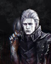  2boys arm_behind_back black_background blood brothers dante_(devil_may_cry) dark devil_may_cry_(series) highres magosmeow male_focus multiple_boys oil_painting_(medium) painting_(medium) pale_skin siblings traditional_media twins upper_body vergil_(devil_may_cry) white_hair 
