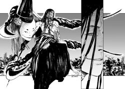  1boy boss_fight close-up clothes_down evil_grin evil_smile feet_out_of_frame full_body gauntlets gioh_(onimusha) greyscale grin hair_tubes hakama hakama_skirt hat highres holding holding_sword holding_weapon japanese_clothes katana kimono kintsugi long_hair male_focus matheus_santos monochrome multiple_swords multiple_views no_pupils oni_gauntlet onimusha onimusha:_way_of_the_sword outdoors outside_border parasite portuguese_commentary sasaki_ganryu_(onimusha) single_gauntlet skirt smile sword tate_eboshi tendrils_from_back topless_male twitter_username weapon 