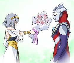  1girl alien armor bare_shoulders blush breasts camearra color_timer colored_skin darkness_heels dorsal_fin dress flower grey_hair holding holding_flower humanization looking_at_another medium_breasts medium_hair silver_skin tokusatsu tsunashima_shirou two-tone_armor ultra_series ultraman_suit_(hero's_comics) ultraman_tiga ultraman_tiga_(series) 