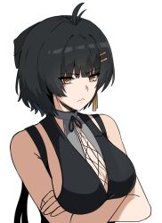  1girl arms_under_breasts bare_shoulders black_hair breasts closed_mouth commentary_request crossed_arms female_rover_(wuthering_waves) hair_ornament hairclip highres korean_commentary large_breasts long_hair looking_at_viewer orange_eyes parallel_hairclips robro3000 rover_(wuthering_waves) simple_background solo upper_body white_background wuthering_waves 