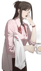  1girl ace_attorney brown_hair brown_pants coat coffee_mug collared_shirt commentary_request cup ema_skye highres holding holding_coat holding_cup holding_removed_eyewear holding_unworn_clothes long_hair lower_teeth_only mug nyak_il one_eye_closed open_mouth pants pink_shirt shirt solo teeth unworn_coat unworn_eyewear white_background white_coat yawning 