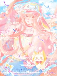  1girl absurdres ahoge animal animal_bag animal_ear_headwear animal_ears arm_up bag bare_shoulders baseball_cap bead_necklace beads blue_bow blue_skirt blue_sky blush_stickers blushbunny_(infinity_nikki) bouncy_spirit_(infinity_nikki) bow bowtie brown_eyes cat chinese_commentary choker cloak clothed_animal clouds collarbone colored_eyelashes commentary_request commission confetti cowboy_shot day ear_covers envelope eyes_visible_through_hair fake_tail floating_clothes floating_hair frilled_skirt frills hair_between_eyes happy hat headphones headphones_over_headwear highres hood hood_up hooded_cloak infinity_nikki jacket jewelry jumping light_blush long_hair long_sidelocks long_sleeves looking_at_viewer love_letter mao_zhao_lei' midriff miniskirt momo_(nikki) navel necklace nikki_(nikki) nikki_(series) open_clothes open_jacket open_mouth outdoors pawpads pink_bag pink_choker pink_hair pink_hat pink_jacket pom_pom_(clothes) procreate_(medium) puffy_long_sleeves puffy_sleeves rabbit_bag rabbit_ears red_bow red_bowtie shoulder_bag sidelocks skirt skirt_bow sky smile standing tail tank_top two-tone_headwear v very_long_hair whiskers white_cat wind x_navel yellow_cloak yellow_hat yellow_tank_top 