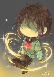  1other 2018 2d absurdres ambiguous_gender brown_hair brown_pants brown_shoes chibi chibi_only colored_skin commentary deltarune digital_media english_commentary full_body green_sweater grey_background hair_over_eyes highres horizontal-striped_clothes human kris_(deltarune) long_sleeves midnightps other_focus pants shoes short_hair signature simple_background solo sparkle striped_clothes striped_sweater sweater two-tone_sweater utdr_(toby_fox) yellow_skin yellow_stripes 