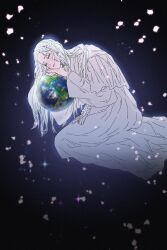  1girl absurdres boku_no_chikyuu_o_mamotte braid closed_eyes commentary_request crown_braid dress earth_(planet) final_fantasy final_fantasy_xiv giant giantess highres korean_commentary long_hair parody petals pinkteest planet sleeping smile solo venat_(ff14) white_dress 