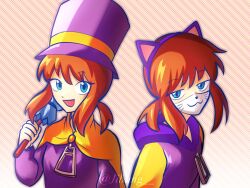  1girl :3 :d a_hat_in_time animal_ear_hairband animal_ears blue_eyes blue_umbrella brown_hair cape cat_ear_hairband cat_ears closed_umbrella commentary fake_animal_ears hairband hand_up hat hat_kid hat_ribbon highres holding holding_umbrella hood hood_down hooded_jacket jacket jibung long_sleeves looking_at_viewer mask medium_hair mouth_mask multicolored_jacket multiple_views official_alternate_costume open_mouth ponytail purple_hairband purple_hat purple_jacket ribbon sidelocks smile top_hat two-tone_jacket umbrella untranslatable_commentary white_mask yellow_cape yellow_jacket yellow_ribbon zipper_pull_tab 