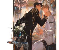  2boys absurdres black_hair blonde_hair candle chandelier epaulettes flower hand_on_another's_neck highres indoors kim_dokja large_hands looking_at_another male_focus multiple_boys omniscient_reader's_viewpoint outside_border painterly pillarboxed ricardo_von_kaizenix ruaaaa schweichen_von_kaizenix short_hair sitting table vase yoo_joonghyuk 