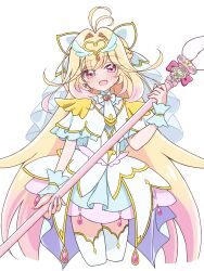  1girl :d absurdres antenna_hair blonde_hair blush capelet commentary cropped_legs cure_arcana dress gradient_hair hair_intakes highres holding holding_staff layered_dress long_hair looking_at_viewer meitantei_precure! moria_luluka multicolored_hair pink_eyes pink_hair precure shine_arcana_rod short_dress smile solo spoilers staff thigh-highs veil very_long_hair white_background white_capelet white_dress white_thighhighs wrist_cuffs y-ha yellow_trim 
