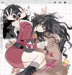  @_@ art_program_in_frame bell belt black_belt black_boots blush boots cat degrees_of_lewdity dress fake_antlers feet_out_of_frame freesia_quan fur-trimmed_hood fur-trimmed_sleeves fur_trim green_eyes grid_background hair_between_eyes hands_up heart heart-shaped_pupils heart_hands high-waist_belt highres hood hugging_object jingle_bell kneehighs kylar_(degrees_of_lewdity) kylar_(female)_(degrees_of_lewdity) lace-up_boots legs_together long_hair long_sleeves looking_at_viewer lying messy_hair multiple_views nervous_sweating on_side purple_socks red_dress sack santa_costume santa_dress shaded_face short_dress simple_background smile socks sweat symbol-shaped_pupils 