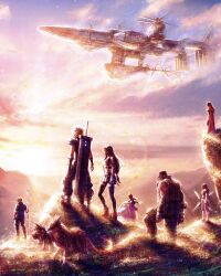  2girls 5boys absurdres aircraft airship arm_cannon armor baggy_pants barret_wallace black_gloves black_hair black_skirt black_thighhighs blonde_hair blue_jacket boots brown_hair brown_vest buster_sword cait_sith's_moogle cait_sith_(ff7) cape cid_highwind cliff cloak cloud_strife clouds cloudy_sky crop_top dark-skinned_male dark_skin english_commentary final_fantasy final_fantasy_vii final_fantasy_vii_remake final_fantasy_vii_revelation fire flame-tipped_tail full_body gloves highres highwind holding holding_polearm holding_shuriken holding_weapon jacket long_hair low-tied_long_hair materia multiple_boys multiple_girls outdoors pants polearm red_boots red_cape red_cloak red_xiii scenery short_hair shoulder_armor shuriken skirt sky sleeveless sleeveless_turtleneck socks spiky_hair standing sunset suspender_skirt suspenders sweater sword sword_on_back tail tank_top thigh-highs tifa_lockhart turtleneck turtleneck_sweater tylor_hepner vest vincent_valentine weapon weapon_on_back white_socks white_tank_top yuffie_kisaragi 