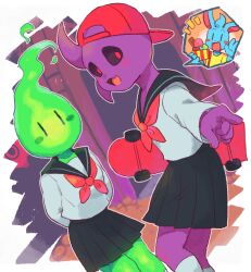  1boy 2018 2d 2girls animal_ears animal_nose anthro backwards_hat baseball_cap black_sclera blue_fur blue_skirt body_fur border colored_sclera colored_skin digital_media dutch_angle elemental_(creature) female female_focus fire_elemental flaming_head food fuku_fire furry furry_male green_fire green_skin grey_outline hand_up hat highres holding holding_food holding_ice_cream holding_skateboard hotland_(undertale) humanoid in-universe_location long_sleeves looking_at_viewer male mammal monster monster_girl multiple_girls neckerchief nice_cream_guy open_mouth outline purple_skin rabbit rabbit_boy rabbit_ears red_eyes red_hat red_neckerchief satokichi school_uniform serafuku shirt simple_background skateboard skateboard_girl_(undertale) skirt socks spoken_character trio undertale utdr_(toby_fox) white_background white_border white_shirt white_socks |_| 