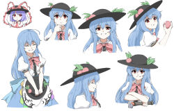  2girls black_boots black_hat black_shoes blue_hair boots bow commentary_request eating food food_on_face fruit hat highres hinanawi_tenshi holding holding_food holding_fruit holding_unworn_clothes holding_unworn_hat leaf long_hair multiple_girls multiple_views nagae_iku peach pink_bow purple_hair red_eyes shoes simple_background smile tarumaru thinking touhou unworn_hat unworn_headwear white_background 