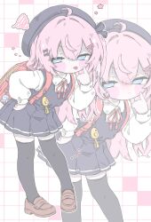  1girl :p absurdres ahoge akanbe backpack bag bag_charm beret black_ribbon black_thighhighs blue_eyes blush charm_(object) child closed_mouth collared_shirt commentary_request crime_prevention_buzzer dress eyelid_pull full_body grid_background hair_between_eyes hair_ornament hair_ribbon hairclip hand_on_own_hip hand_up hat heart highres izumi_(yura_izumi) leaning_forward loafers long_hair long_sleeves looking_at_viewer multiple_views neck_ribbon one_side_up open_mouth original pinafore_dress pink_hair pleated_dress pout puffy_long_sleeves puffy_sleeves randoseru ribbon school_uniform shirt shoes sleeveless sleeveless_dress solo squiggle standing thigh-highs tongue tongue_out white_shirt x_hair_ornament zettai_ryouiki zoom_layer 