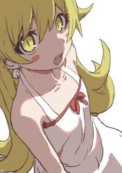 1girl absurdres bakemonogatari bare_shoulders blonde_hair blush blush_stickers collarbone dress fang flat_chest hair_between_eyes highres kiss-shot_acerola-orion_heart-under-blade kiss-shot_acerola-orion_heart-under-blade_(young) kizumonogatari loli long_hair looking_at_viewer monogatari_(series) open_mouth oshino_shinobu pointy_ears ribbon simple_background solo vampire white_background white_dress yamamoto_souichirou yellow_eyes 