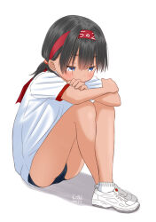  1girl artist_name bare_legs black_hair blue_buruma blue_eyes blush buruma closed_mouth commentary_request crossed_arms dated full_body gym_shirt gym_uniform hair_between_eyes headband hugging_own_legs knees_up legs low_ponytail medium_hair original ponytail red_headband retsumaru shadow shirt shoes short_ponytail short_sleeves shorts signature simple_background sitting sneakers socks solo tan thighs white_background white_shirt white_socks 