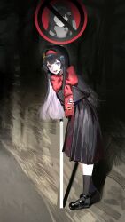  :d absurdres arm_behind_back black_hair black_shirt black_shoes black_skirt black_socks commentary_request full_body hair_hanging_down hairband highres komichi_(virtuareal) long_hair looking_at_viewer mole mole_under_eye nijisanji open_mouth pleated_skirt red_hairband red_scarf road_sign road_sign_hair_ornament scarf shirt shoes sign skirt smile socks solo sorenftt standing straight_hair violet_eyes virtual_youtuber virtuareal 