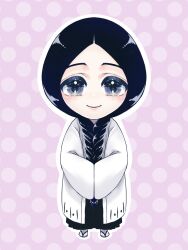  1girl anno_im black_hair black_hakama bleach blue_eyes braid chibi commentary_request hakama hands_in_opposite_sleeves haori highres japanese_clothes lips polka_dot polka_dot_background purple_background sandals smile socks solo straight-on taichou_haori unohana_retsu white_haori white_socks 