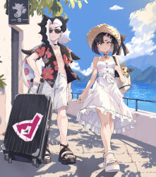  1boy 1girl alternate_costume black_choker black_nails brother_and_sister building choker clouds commentary_request day dress highres holding_strap innertube kagayuki knees logo marnie_(pokemon) morpeko morpeko_(full) nail_polish open_clothes open_shirt outdoors piers_(pokemon) pokemon pokemon_(creature) pokemon_sword_and_shield sandals shirt shorts siblings sign sky sleeveless sleeveless_dress standing suitcase swim_ring team_yell toenail_polish toenails water white_dress white_shorts 