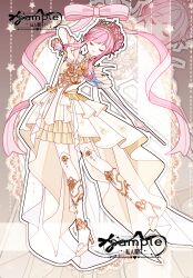  1girl absurdres bare_arms bare_shoulders brown_background chinese_commentary closed_eyes closed_mouth clothing_cutout coattails collar commentary_request detached_collar dotted_line dress eyelashes floral_print flower frilled_skirt frills full_body gold_tiara gradient_background hair_bun high_collar high_heels highres holding holding_sword holding_weapon infinity_nikki knee_pads leaning_to_the_side medium_dress melody_bloom_(infinity_nikki) miniskirt nikki_(nikki) nikki_(series) no_armwear outline pink_hair pleated_dress print_thighhighs rapier rose rose_print sample_watermark shanfengzhu shoes short_hair_with_long_locks short_sleeves shoulder_cutout sidelocks single_hair_bun skirt skirt_under_dress smile solo standing star_(symbol) star_symbol_background sword tailcoat thigh-highs tiara updo watermark weapon white_collar white_dress white_outline white_thighhighs yellow_flower yellow_rose yellow_shoes yellow_skirt zoom_layer 