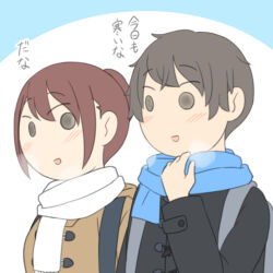  1boy 1girl :d backpack bag black_coat blue_background blue_scarf blush breath brown_coat brown_hair chinatsu_(juukyuu) coat hand_up juukyuu original ponytail scarf smile solid_circle_eyes takahisa_(juukyuu) translation_request two-tone_background upper_body white_background white_scarf 