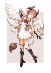  1girl butter_run closed_mouth commentary_request feathered_wings heart hexagram highres horns leaf love_me_ren-ren magical_girl mahou_shoujo_ikusei_keikaku mahou_shoujo_ikusei_keikaku_breakdown open_mouth orange_hair short_hair smile tail white_wings wings 