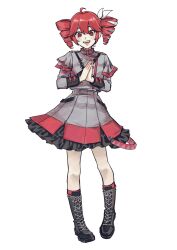  1girl absurdres ahoge black_boots boots bow buttons colored_petticoat commentary craneace double-breasted double-parted_bangs drill_hair fingernails full_body grey_jacket grey_skirt hair_between_eyes hair_bow highres jacket kasane_teto kasane_teto_(sv) lace-up_boots long_sleeves looking_at_viewer nail_polish open_mouth own_hands_together petticoat red_eyes red_hair red_nails red_trim shoulder_belt shoulder_boards sidelocks skirt smile solo synthesizer_v teeth twin_drills upper_teeth_only utau white_bow 