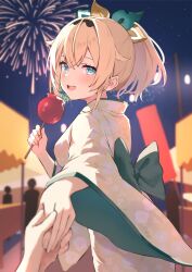  1girl 1other absurdres aerial_fireworks black_hairband blonde_hair candy_apple commentary_request double-parted_bangs fireworks floral_print floral_print_kimono food grabbing_another's_hand hair_between_eyes hair_flaps hair_ornament hairband highres holding holding_candy_apple holding_food hololive japanese_clothes kazama_iroha kimono leaf_hair_ornament namakatsu night outdoors ponytail pov pov_hands print_kimono short_hair solo solo_focus summer_festival virtual_youtuber white_kimono yukata 