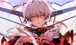  1boy ahoge alyosha_(genshin_impact) aura black_cape black_jacket black_shirt cape chromatic_aberration commentary_request covered_collarbone dark_aura earmuffs empty_eyes flower-shaped_pupils freckles fur-trimmed_cape fur_trim genshin_impact grey_hair hair_between_eyes hand_up highres hood hooded_cape jacket long_sleeves looking_at_viewer male_focus open_mouth ronova_(genshin_impact) shirt short_hair social_media_composition solo symbol-shaped_pupils ta_l280 teeth turtleneck turtleneck_shirt upper_body yellow_eyes 