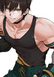  1boy aqua_pupils armband bandaged_arm bandages bandaid bandaid_on_face bandaid_on_nose bare_shoulders black_armband black_choker black_gloves black_tank_top brown_hair choker clenched_hand collarbone commentary commission cropped elbow_gloves english_commentary eyelashes fighting_stance gloves green_armband green_shorts grin highres indie_virtual_youtuber jun_(navigavi) kiro_(kirostyle) looking_at_viewer making-of_available male_focus muscular muscular_male nose nose_shade pants_under_shorts parted_lips pectoral_cleavage pectorals short_hair shorts simple_background single_elbow_glove skeb_commission smile solo tank_top upper_body variant_set virtual_youtuber white_background yellow_armband yellow_eyes 