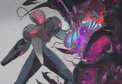  1girl alien arm_cannon doc_anxiety energy_gun english_commentary highres metroid metroid_(creature) metroid_ravenous samus_aran sega spacesuit weapon 