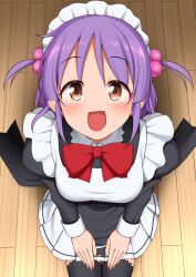  1girl :d apron black_dress black_thighhighs blush bow bowtie breasts brown_eyes commentary_request commission dress eyes_visible_through_hair foreshortening frilled_apron frills from_above hair_between_eyes hair_bobbles hair_ornament happy hayate_no_gotoku! highres hisakabe_oto indoors juliet_sleeves large_variant_set long_hair long_sleeves looking_at_viewer maid maid_apron maid_headdress medium_breasts miniskirt open_mouth pleated_skirt pov puffy_sleeves purple_hair red_bow red_bowtie segawa_izumi sidelocks sitting skeb_commission skirt smile solo straight-on tareme textless_version thigh-highs thighs two_side_up upturned_eyes v_arms variant_set white_apron white_skirt wooden_floor 
