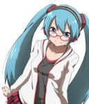  aqua_eyes aqua_hair bespectacled face glasses hatsune_miku headphones hinami_(ryuusei_potechi) kocchi_muite_baby_(vocaloid) long_hair looking_up nail_polish project_diva project_diva_2nd simple_background skirt smile solo twintails vocaloid 