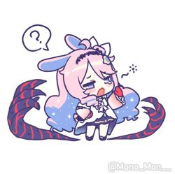  1girl ? ahoge animal_ears black_skirt blue_eyes blue_hair chibi chibi_only commentary_request denia_(wuthering_waves) dress gloves hair_ornament kemonomimi_mode korean_commentary mole mono_mon open_mouth pink_hair rabbit_ears rabbit_girl red_eyes red_gloves shadow_hands simple_background skirt solo spoken_question_mark squeans standing tears twitter_username white_background white_dress wuthering_waves yawning 