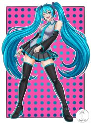  1girl absurdres aqua_eyes aqua_hair aqua_necktie aqua_trim artist_logo bare_shoulders black_boots black_skirt black_sleeves boots border breasts commentary detached_sleeves english_commentary fragileartsy full_body grey_shirt hair_between_eyes hatsune_miku headset highres logo long_hair looking_at_viewer necktie one_eye_closed outside_border pleated_skirt polka_dot polka_dot_background shirt skirt sleeveless sleeveless_shirt small_breasts solo thigh_boots tie_clip twintails very_long_hair vocaloid white_border zettai_ryouiki 