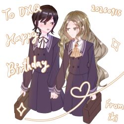  2girls absurdres ascot bag black_hair brown_hair commentary_request dxqkkkk highres hitokouji_kanoe jacket long_hair mahou_shoujo_ikusei_keikaku mahou_shoujo_ikusei_keikaku_restart multiple_girls parted_bangs school_bag school_uniform shirt short_hair smile totoyama_mamori white_background yellow_ascot 