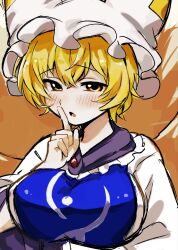  1girl :o animal_hat blonde_hair blue_tabard blush breasts commentary_request dress fox_girl fox_tail hair_between_eyes hand_up hat highres honmo_o index_finger_raised kitsune kyuubi large_breasts long_sleeves looking_at_viewer mob_cap multiple_tails open_mouth short_hair solo tabard tail touhou upper_body white_dress white_hat white_trim yakumo_ran yellow_eyes 