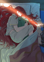  2girls absurdres blanket closed_eyes commentary_request dappled_sunlight from_side hair_spread_out highres hokou_sakuran hugging_object indoors lara_(sayonara_lara) long_hair midriff_peek multiple_girls ootsu_mari pants pillow pleated_skirt red_hair sayonara_lara shirt short_sleeves skirt sleeping sunlight very_long_hair 