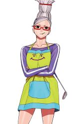  1girl apron aqua_apron ayase_seiko beehive_hairdo brown_eyes collared_shirt dandadan eyewear_on_head glasses green_apron grey_hair hair_up highres holding holding_spoon long_sleeves looking_at_viewer mature_female official_art purple_shirt red-framed_eyewear shirt simple_background smiley_face smiley_face_print solo spoon standing striped_clothes striped_shirt sweater tatsu_yukinobu third-party_source two-tone_apron white_background 