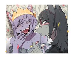  2girls :d animal_ears animal_nose bang_dream! bang_dream!_it's_mygo!!!!! birthday black_hair body_fur border cat_ears cat_girl closed_eyes commentary_request confetti dog_ears dog_girl fingernails furrification furry furry_female glasses guagua977 hand_up happy_birthday hat highres icing long_fingernails medium_hair multiple_girls nail_polish party_hat party_whistle purple_fur purple_hair red_nails short_hair smile snout twitter_username white_border yahata_umiri yuutenji_nyamu 