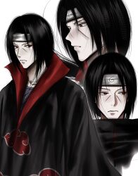  1boy akatsuki_uniform black_coat black_hair black_headband coat commentary_request cuxmah facial_hair forehead_protector frown headband highres jewelry konohagakure_symbol korean_commentary male_focus naruto_(classic) naruto_(series) necklace red_eyes uchiha_itachi 