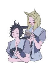  2girls air_messiah_(umamusume) air_shakur_(umamusume) animal_ears black_bow black_bowtie black_hair bob_cut bow bowtie breasts brushing_another's_hair brushing_hair closed_eyes closed_mouth commentary_request drakeposting_(meme) eyebrow_piercing face_piercing glasses green_hair grey_background grey_shirt hair_brush highres holding holding_hair_brush horse_ears horse_girl index_finger_raised long_hair medium_breasts meme multiple_girls open_mouth pappi piercing puffy_short_sleeves puffy_sleeves red-framed_eyewear school_uniform shirt short_sleeves simple_background summer_uniform tracen_school_uniform umamusume upper_body 