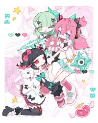  3girls ahoge angel_wings aqua_bow aqua_halo aria_(zenless_zone_zero) arm_warmers black_bow black_thighhighs blue_eyes blunt_bangs boots bow bubblegum_(zenless_zone_zero) closed_mouth collared_shirt commentary_request conecone_ch dress full_body fur_trim garter_belt garter_straps green_eyes green_hair hair_between_eyes hair_bow hair_ornament hairclip halo heart high_heels highres leg_warmers long_hair long_sleeves low_twintails multicolored_hair multiple_girls nangong_yu necktie one_eye_closed open_mouth pale_skin pink_arm_warmers pink_bow pink_hair pink_leg_warmers pink_pupils puffy_short_sleeves puffy_sleeves red_eyes red_necktie shirt short_sleeves short_twintails side_ponytail simple_background socks star_(symbol) striped_arm_warmers striped_clothes striped_leg_warmers striped_socks sunna_(zenless_zone_zero) thigh-highs twintails white_background white_dress white_wings wings zenless_zone_zero 