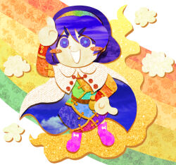  1girl :d arm_up aura bag belt blue_pupils blush_stickers boots bow bright_pupils brown_bag brown_belt cape cloud_print clouds commentary dress english_commentary footwear_bow full_body hair_between_eyes hairband long_sleeves looking_at_viewer multicolored_dress multicolored_hairband nixelia open_mouth patchwork_clothes pink_boots pointing pointing_down pointing_up purple_hair rainbow rainbow_gradient rainbow_hairband short_hair simple_background sky_print smile solo standing tenkyuu_chimata tenkyuu_chimata_pose touhou two-sided_cape two-sided_fabric v-shaped_eyebrows violet_eyes white_background white_bow white_cape zun_pose 