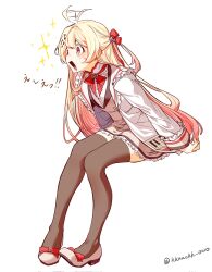 1girl afterimage ahoge ahoge_wag blonde_hair blush brown_dress brown_sailor_collar brown_thighhighs dress expressive_hair frilled_jacket frills full_body hair_ornament hair_ribbon highres hololive hololive_dev_is jacket japanese_text kkaackk_owo long_hair musical_note musical_note_hair_ornament one_side_up open_mouth otonose_kanade otonose_kanade_(1st_costume) piano_keys piano_print plaid_clothes plaid_dress red_eyes red_ribbon ribbon sailor_collar shirt signature simple_background smile solo sparkle thigh-highs translated virtual_youtuber white_background white_jacket