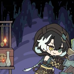  1boy animated animated_gif black_hair black_hood black_shirt chibi chibi_only commentary english_commentary food green_eyes heterochromia holding jingran_(wuthering_waves) looping_animation lowres male_focus multicolored_hair official_art outdoors shirt smile solo steamed_bun streaked_hair tacet_mark_(wuthering_waves) treasure wuthering_waves yellow_eyes 