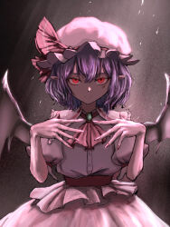  1girl absurdres ascot bat_wings brooch closed_mouth collared_shirt commentary fingernails frilled_shirt_collar frills genia_(qp13652) hair_between_eyes hat hat_ribbon highres jewelry long_fingernails looking_at_viewer medium_hair mob_cap pink_hat pink_shirt pink_skirt pointy_ears puffy_short_sleeves puffy_sleeves purple_hair red_ascot red_eyes red_nails remilia_scarlet ribbon sharp_fingernails shirt short_sleeves skirt skirt_set smile solo touhou wings zun_pose 