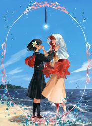  2girls absurdres beach black_eyes black_hair black_sailor_collar black_serafuku black_shirt black_skirt black_socks blanket_veil blue_sky border boxing_gloves brown_dress brown_shoes choroi_amachori closed_eyes closed_mouth commentary_request day dress facing_another fish flower from_side full_body hair_flower hair_ornament hand_up hands_up highres lara_(sayonara_lara) lily_(flower) long_hair long_sleeves looking_at_another multiple_girls ocean ootsu_mari open_mouth ornate_border outdoors profile red_hair red_scales rose sailor_collar sand sayonara_lara scales school_uniform serafuku shirt shoes shore short_hair signature skirt sky smile socks standing stitched_tongue tearing_up twitter_username water water_drop white_flower white_rose yuri 