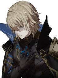  1boy absurdres black_cape black_gloves black_shirt blonde_hair blue_cape blue_eyes cape collared_shirt commentary dainsleif_(genshin_impact) genshin_impact gloves hand_on_own_chest highres long_sleeves looking_down male_focus mucithy mystical_high_collar parted_lips shirt short_hair simple_background solo two-sided_cape two-sided_fabric upper_body white_background 