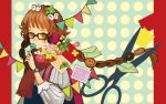  brown_hair candy copyright_request glasses hair_ornament headphones lollipop long_hair postage_stamp scarf scissors solo very_long_hair watch 