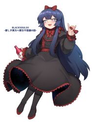  1girl :d absurdres black_dress black_souls black_souls_2 blue_eyes blue_hair bottle bow_hairband chess_piece commentary_request copyright_name dress full_body hairband highres holding holding_bottle holding_chess_piece king_(chess) korean_commentary long_hair looking_at_viewer mabel_(black_souls) nyong_nyong open_mouth red_hairband red_shoes shoes simple_background smile solo star_(sky) 